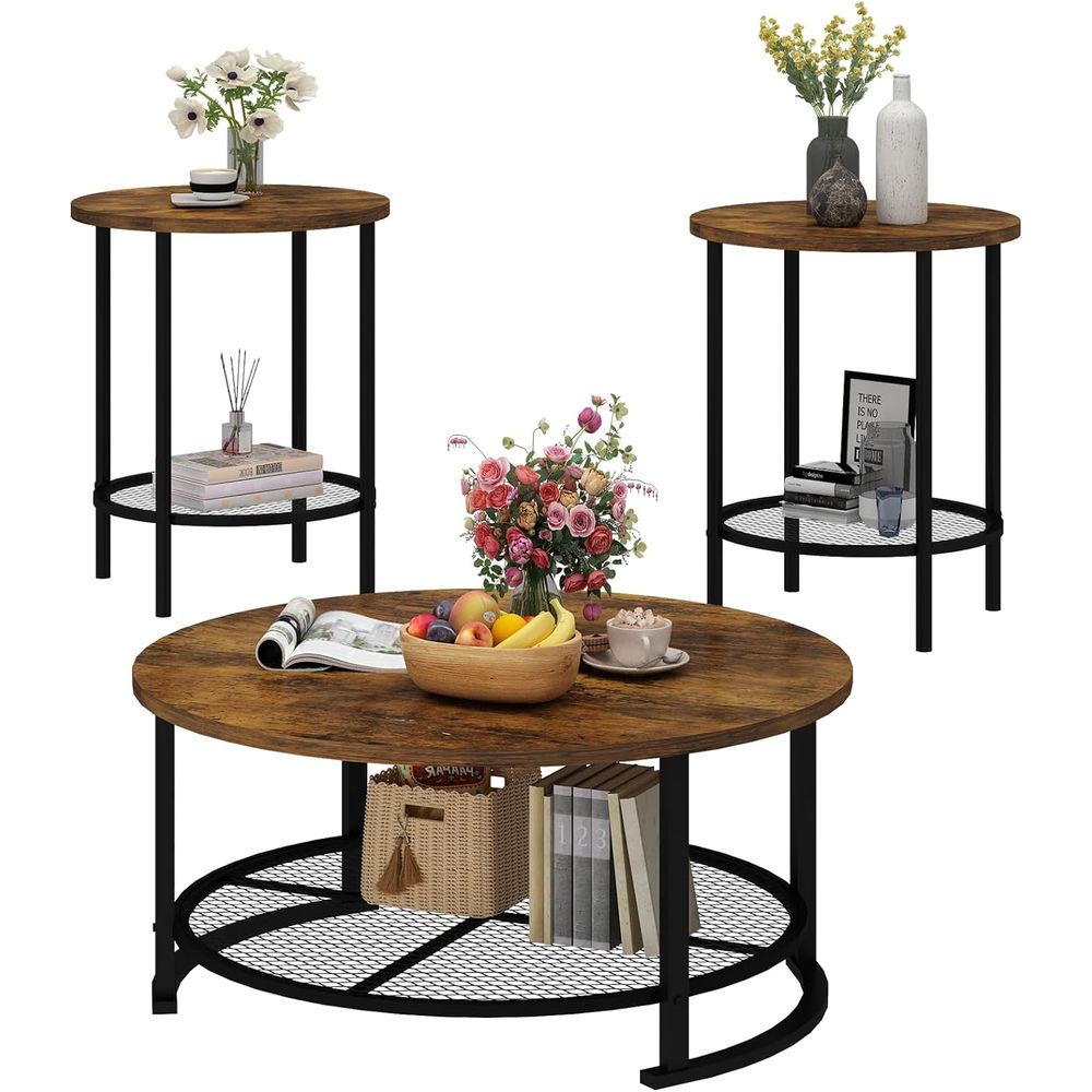 Desk Setup Wood - Round Coee Table and End Table